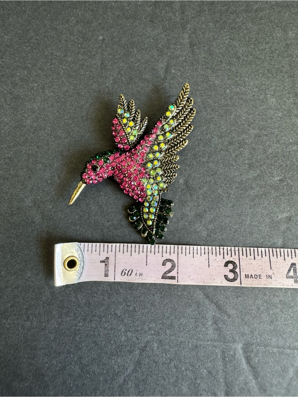 Hummingbird Brooch Pink Green Rhinestone AB Crystal Pin - Picture 7 of 7